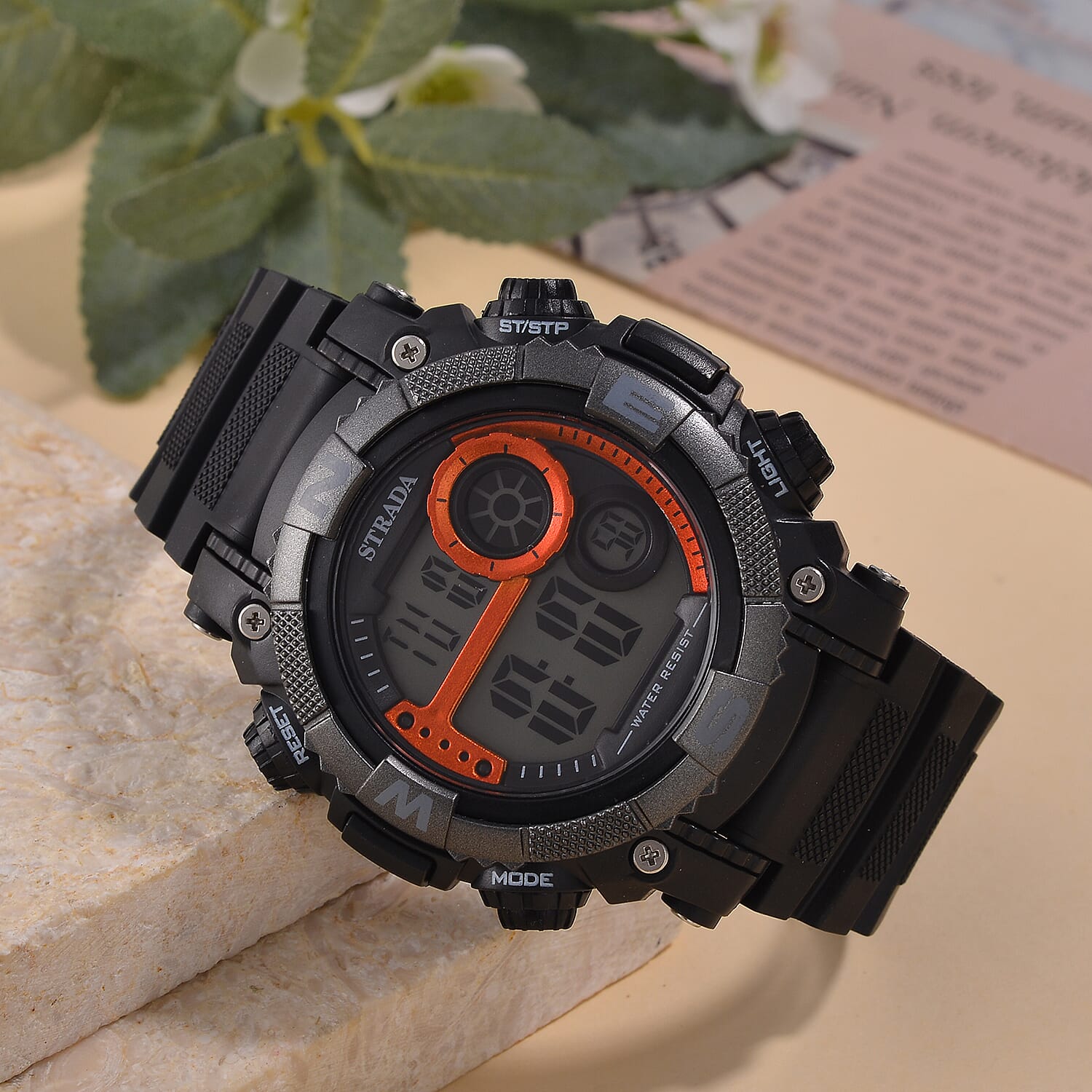 STRADA Electronic Movement 3ATM Water Resistant Orange Multifunctional LED Dial Watch with Black Colour Strap